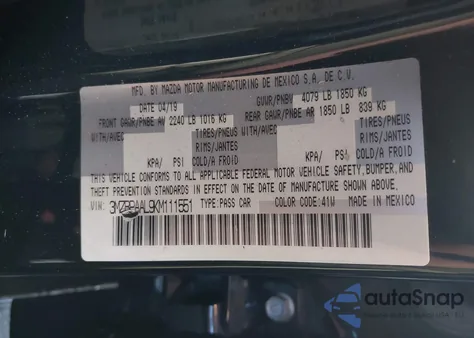 2019 Mazda Mazda3 Select Package z USA, uszkodzony, nr VIN 3MZBPAAL9KM111551